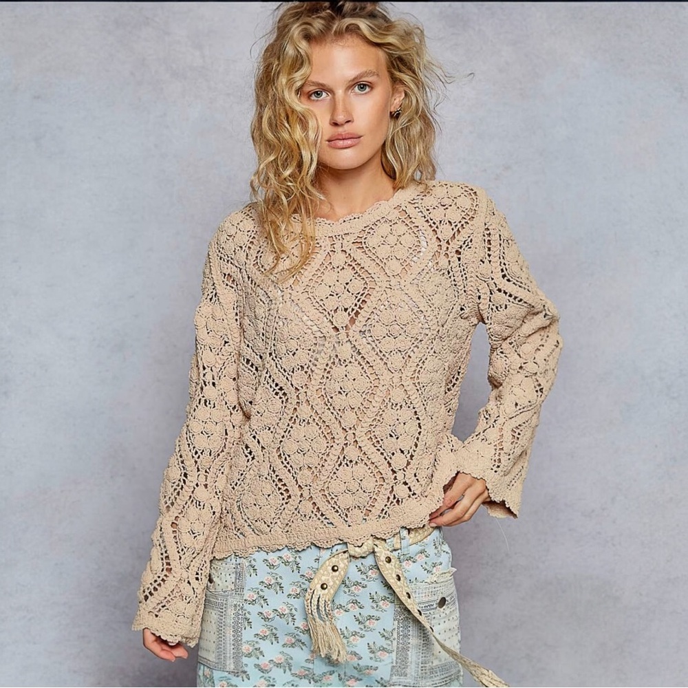 NWT POL Cotton Crochet Sweater in Color Mocha One Size